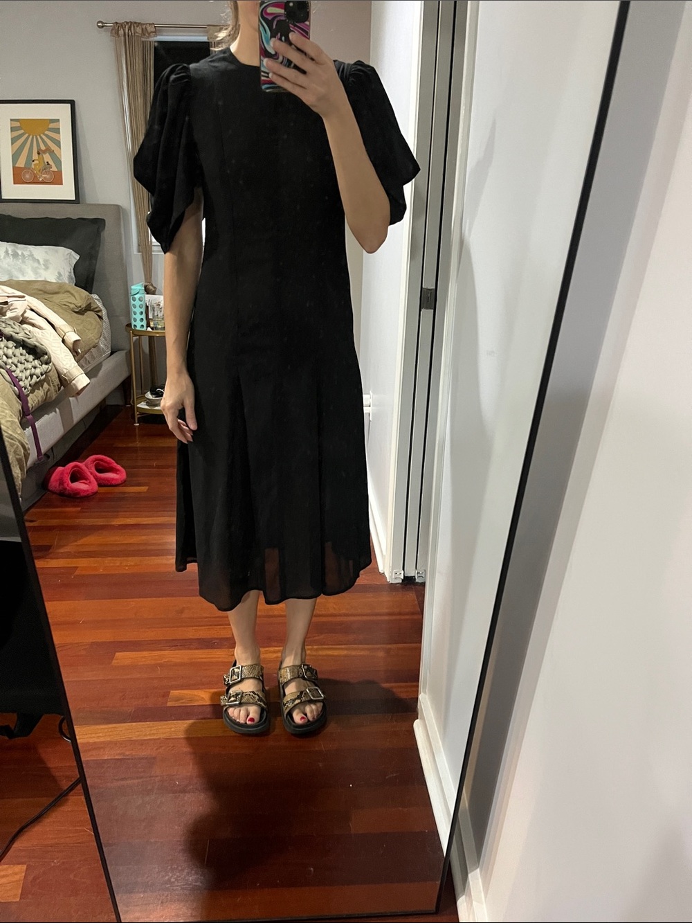 Anthropologie Black Midi Dress with Puff Sleeves